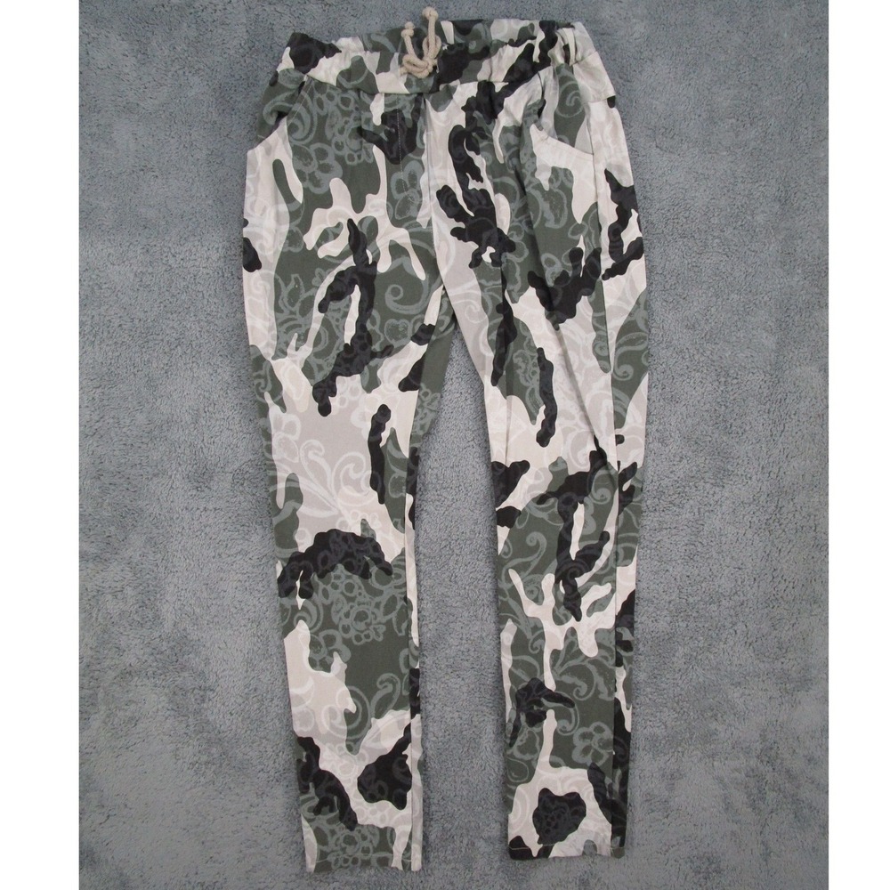 Tina Stephens Italy Camo Paisley Print Jogger Pants Green Black Cream Women